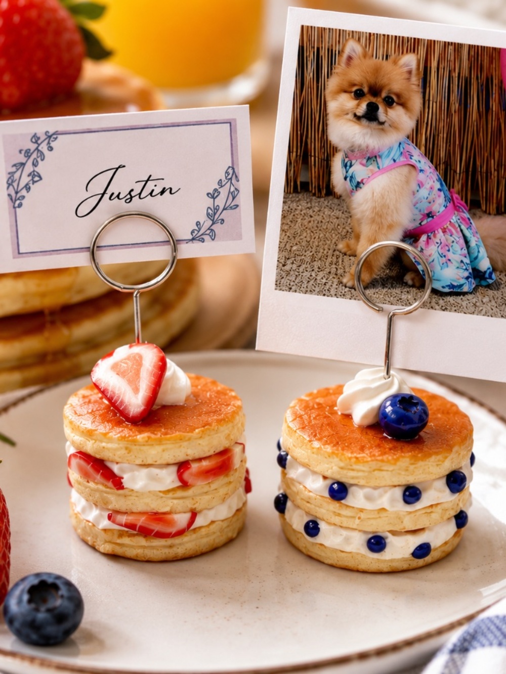 Strawberry & Blueberry Pancake Photo & Place Card Holder, Food Label - Set of 2